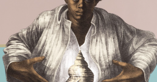 surrealistic image of a young black man with a natural hairstyle with an open armed gesture; a seashell in the middle of his torso