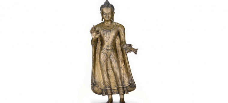 gold painted copper statue of standing Buddha Shakyamuni from India, late 6th century